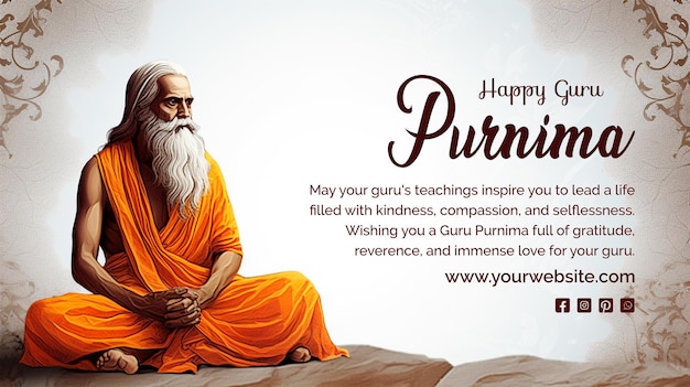 Guru Purnima concept an old person wearing orange robes and seated calmly scene on white background