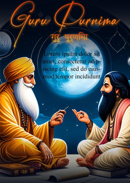 PSD guru purnima poster with a man and a man sitting with the moon in the background