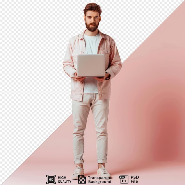 PSD guy standing with laptop looking at camera in front of pink wall