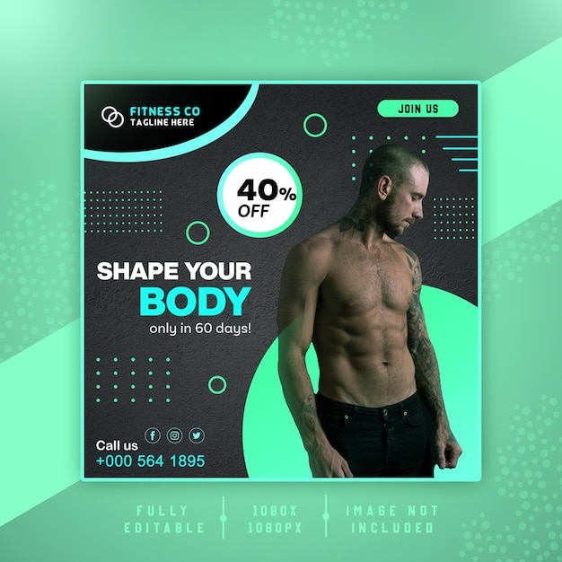 Gym and fitness social media shape your body banner template