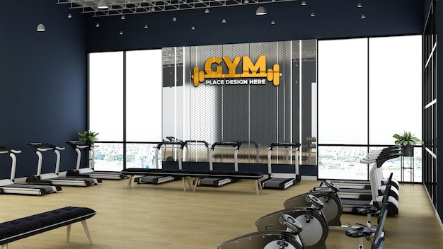 gym logo mockup in the gym room with mirror wall