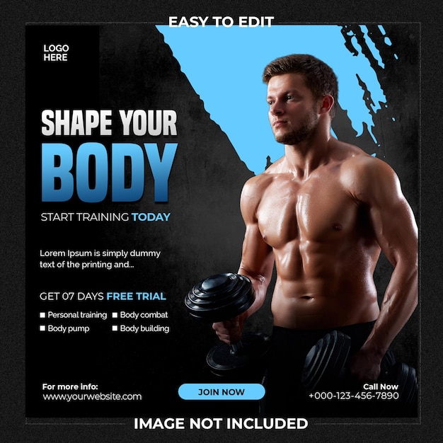 Gym workout and fitness training social media post banner template or square flyer instagram post