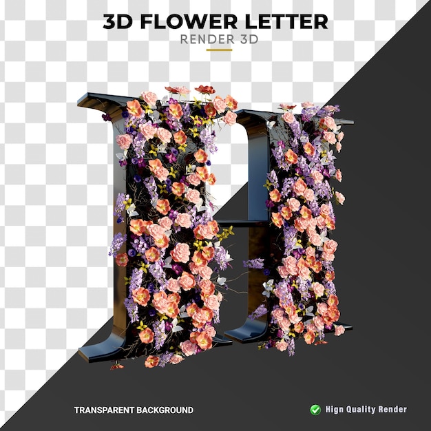 PSD h letter 3d flowers and leaves hign quality realistic render glossy black texture