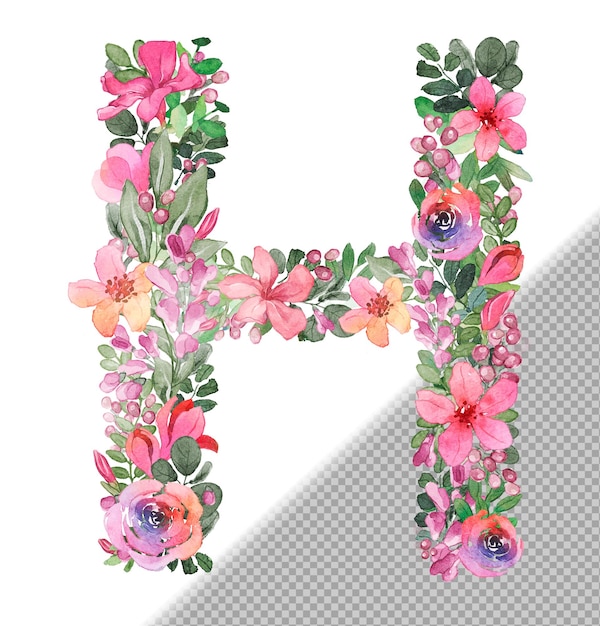 H letter in uppercase made of soft handdrawn flowers and leaves