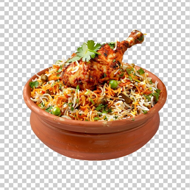 Haandi biryani with chicken leg pieces on a transparent background