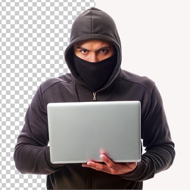 Hacker holding laptop on transparent background