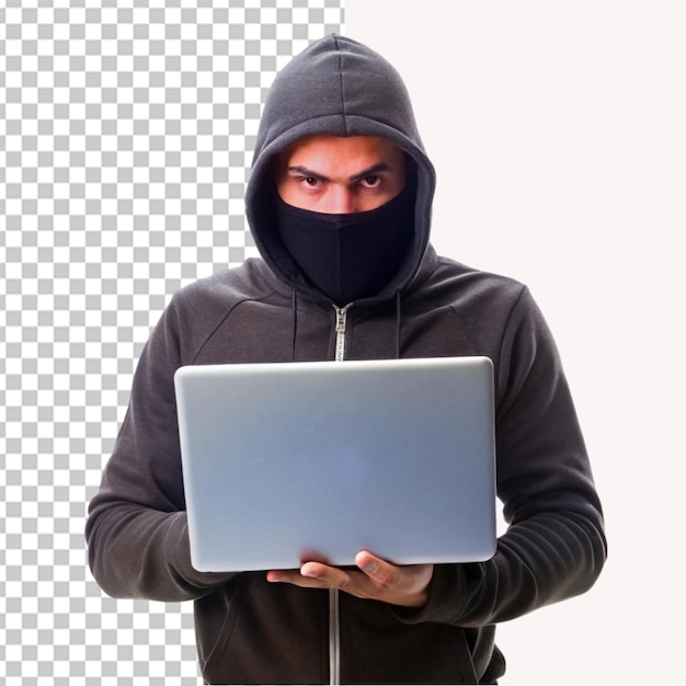 Hacker holding laptop on transparent background