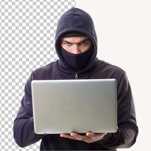 Hacker holding laptop on transparent background