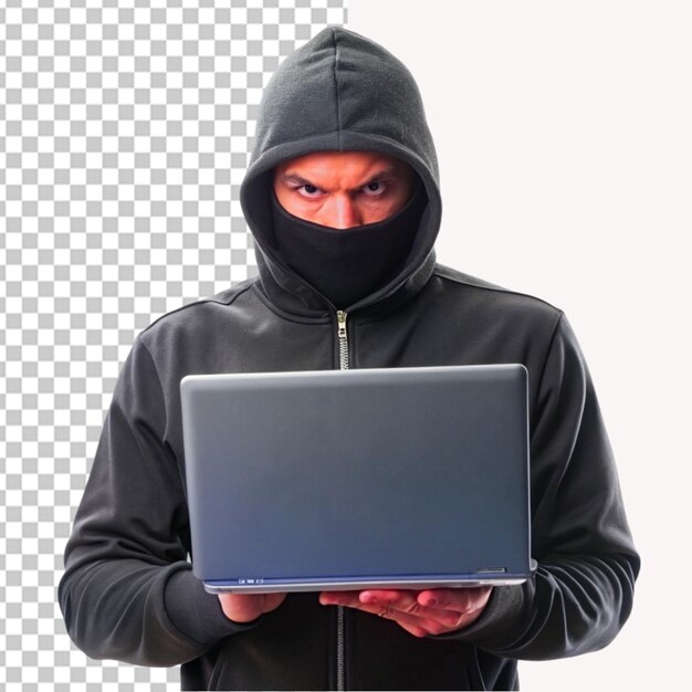 Hacker holding laptop on transparent background