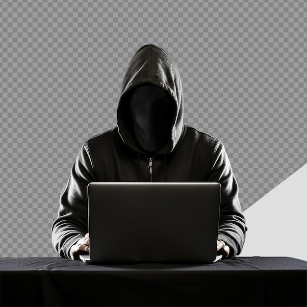 PSD hacker in hoodie using laptop png isolated on transparent background