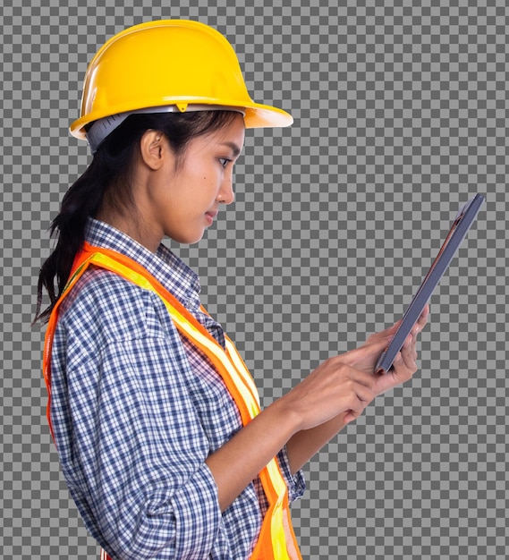 Half body 20s Asian Architect Engineer women in yellow hard hat, safety vast reflector, isolated. Tanned skin worker use digital tablet to check construction blueprint, studio white background