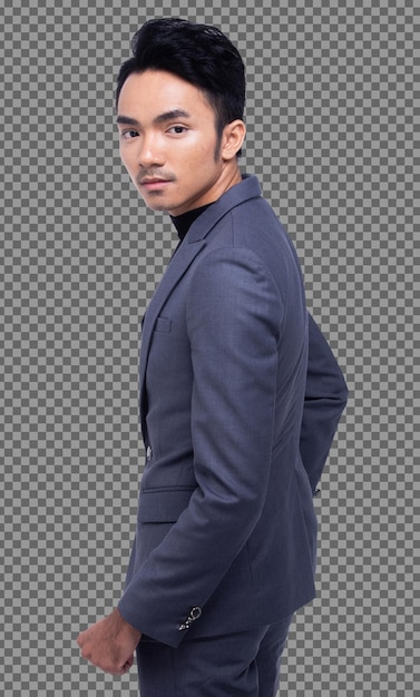 Half body Portrait, 20s Asian Business Man keep arms hands in dark Black proper Suit pants and shoes, studio lighting white background isolated, Tanned Male Model pose many act smile smart