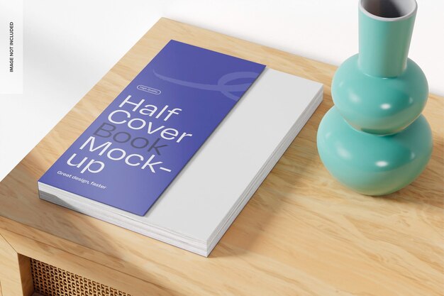 Half Cover Book on Wood Mockup