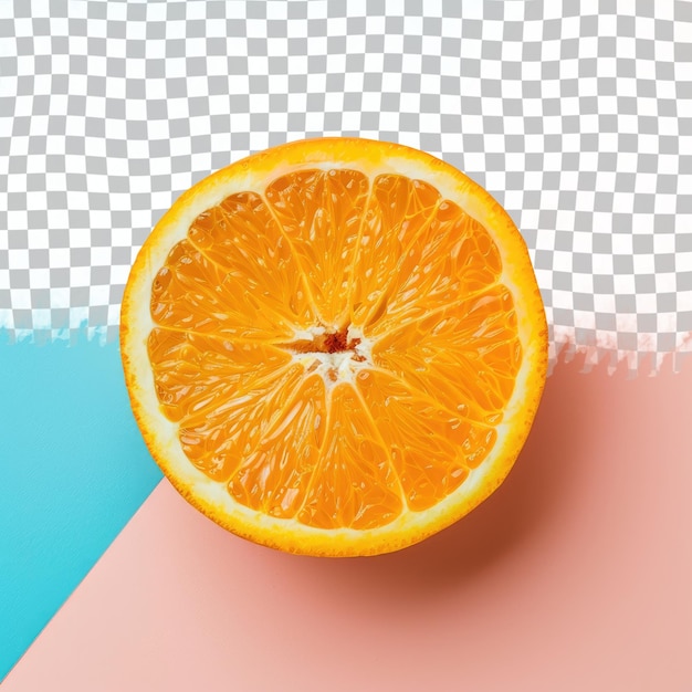 a half of an orange is shown with a blue and pink background