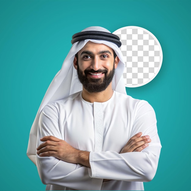 PSD halflength portrait of arabian saudi businessman on dark blue studio background young male model standing and smiling concept of business finance facial expression human emotions