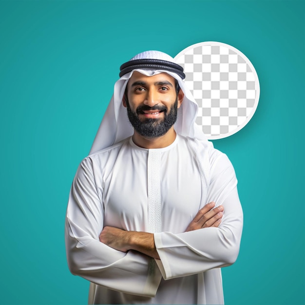 PSD halflength portrait of arabian saudi businessman on dark blue studio background young male model standing and smiling concept of business finance facial expression human emotions