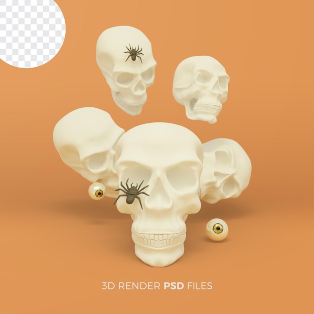 Halloween 3d rendering with skull and spider illustration