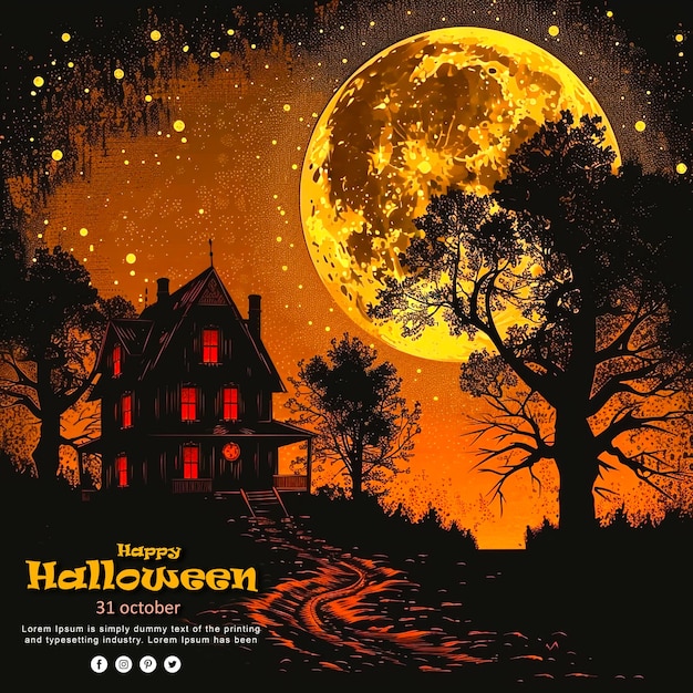 PSD halloween background design template with horror house