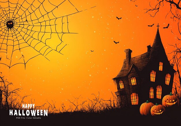 PSD halloween background with a haunted house spider web and pumpkins against an orange sky