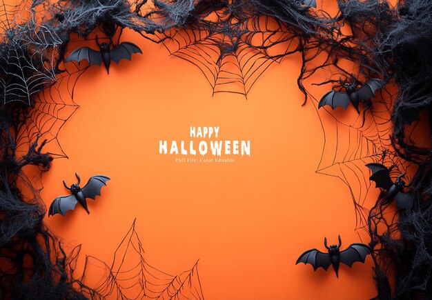 PSD halloween background with a haunted house spider web and pumpkins against an orange sky