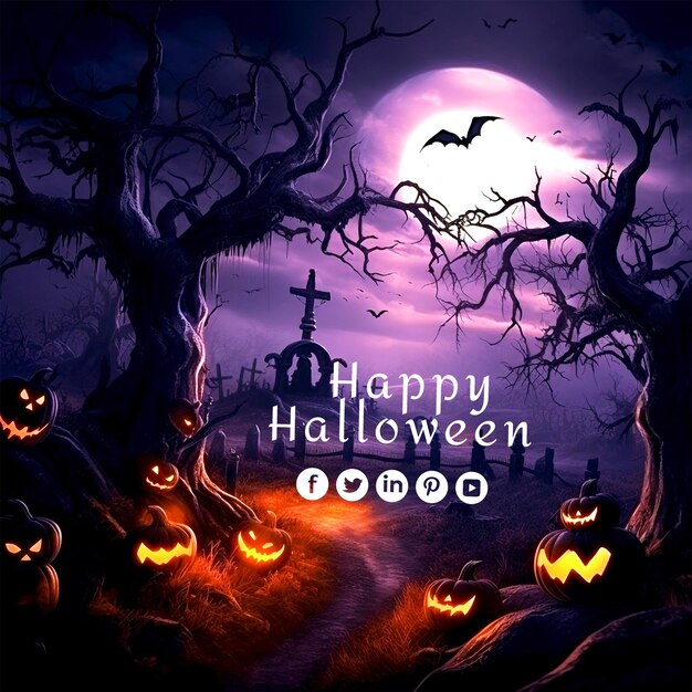 PSD halloween background with pumpkin halloween tree or halloween night