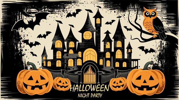 PSD halloween background with scary pumpkins candles and bats in a dark forest at night