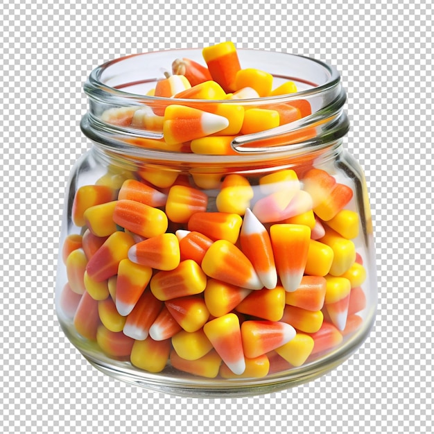 PSD halloween candy corn in opened glass jar on transparent background