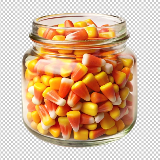 Halloween candy corn in opened glass jar