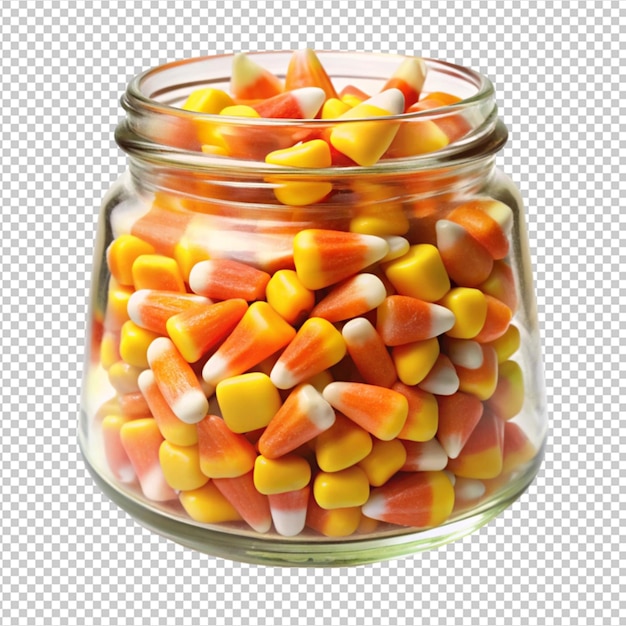 Halloween candy corn in opened glass jar