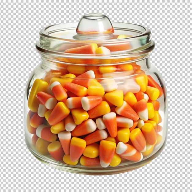 Halloween candy corn in opened glass jar