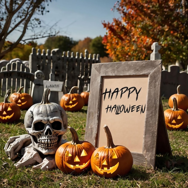 PSD halloween card party pumpkins and zombies in graveyard with wooden board