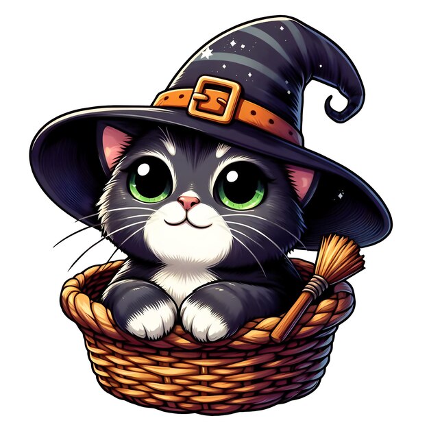 PSD halloween cat with a hat in the basket on transparent background ai