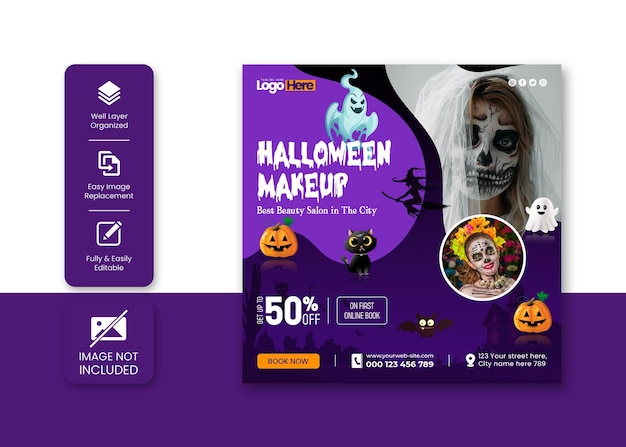 Halloween costume makeup salon social media banner or Instagram post template