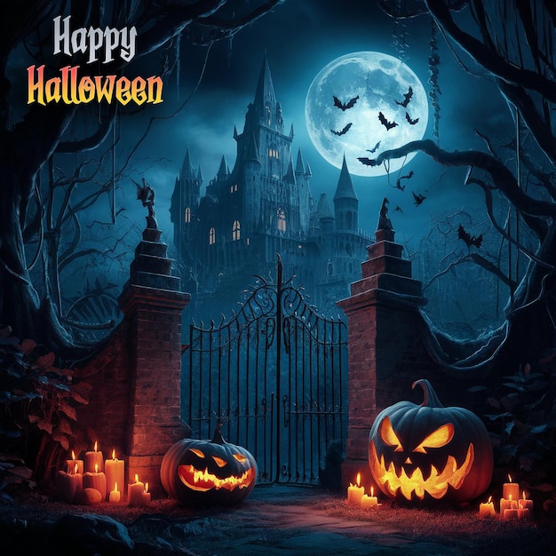 Halloween creepy castle scene poster social media template