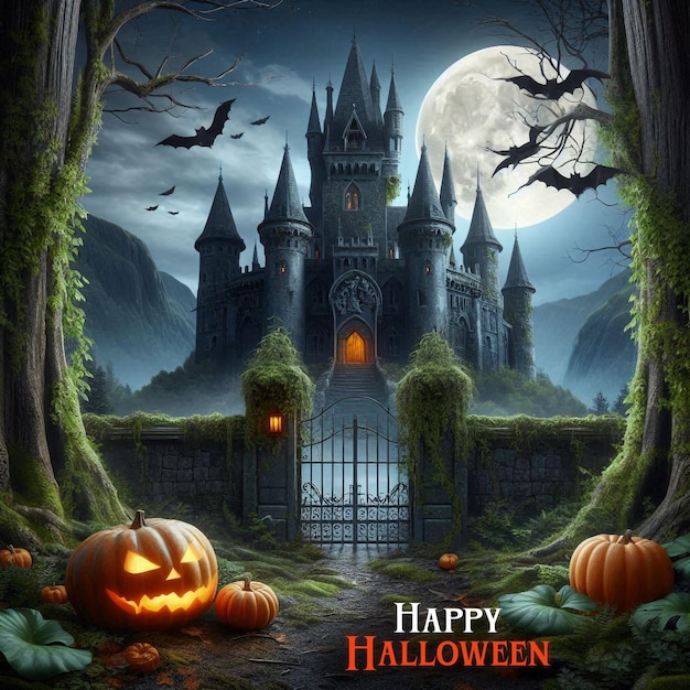 Halloween creepy castle scene poster social media template