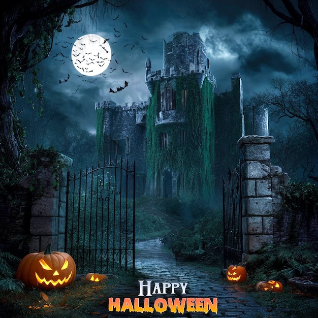 Halloween creepy castle scene poster social media template