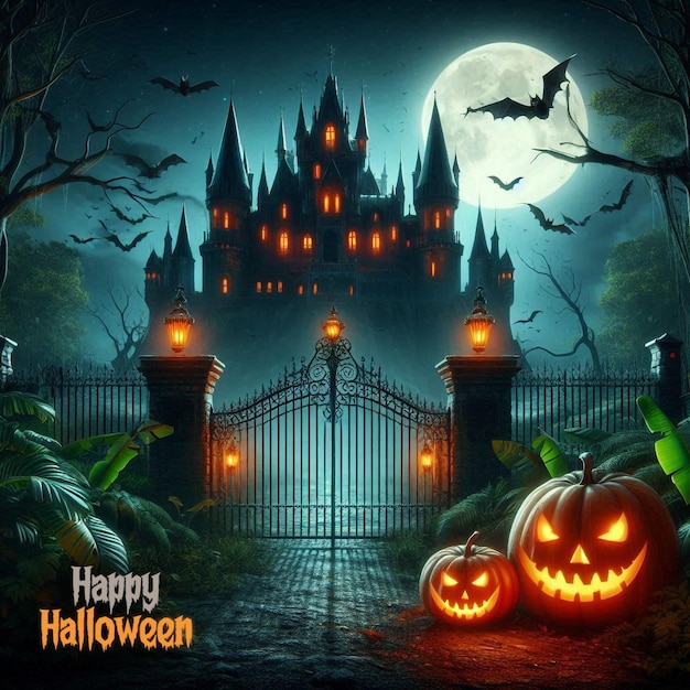 Halloween creepy castle scene poster social media template