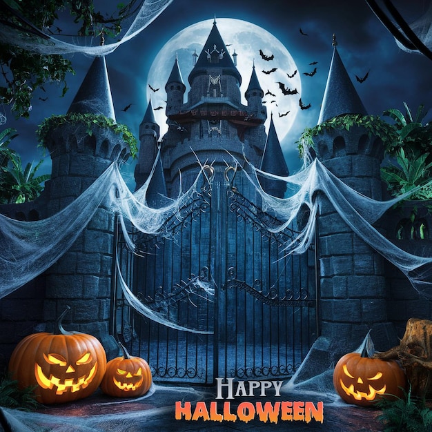 PSD halloween creepy castle scene poster social media template