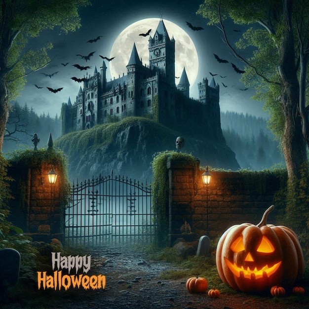 Halloween creepy castle scene poster social media template