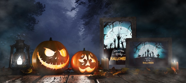 PSD halloween event decoration with framed horror movie poster