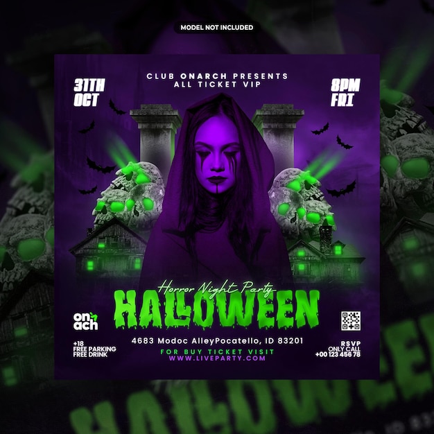 Halloween horror night party social media post and flyer template