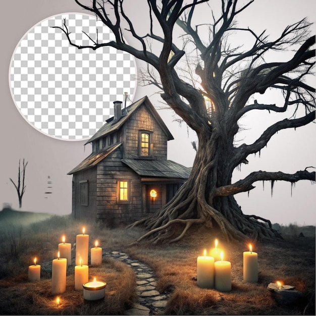 Halloween Horror Wooden House on Tree on Transparent Background