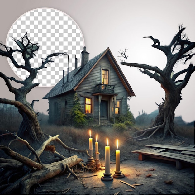 Halloween Horror Wooden House on Tree on Transparent Background