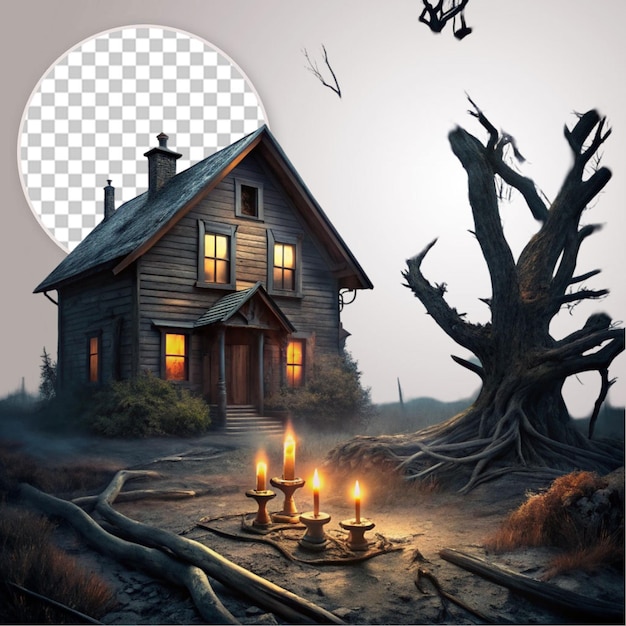 Halloween Horror Wooden House on Tree on Transparent Background