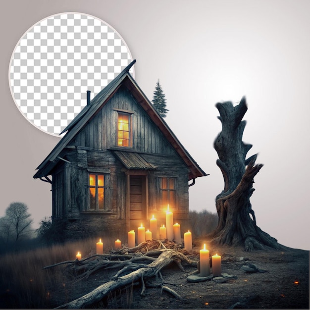 Halloween Horror Wooden House on Tree on Transparent Background