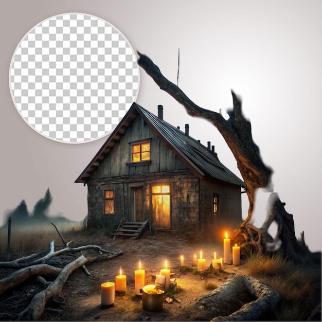 Halloween Horror Wooden House on Tree on Transparent Background