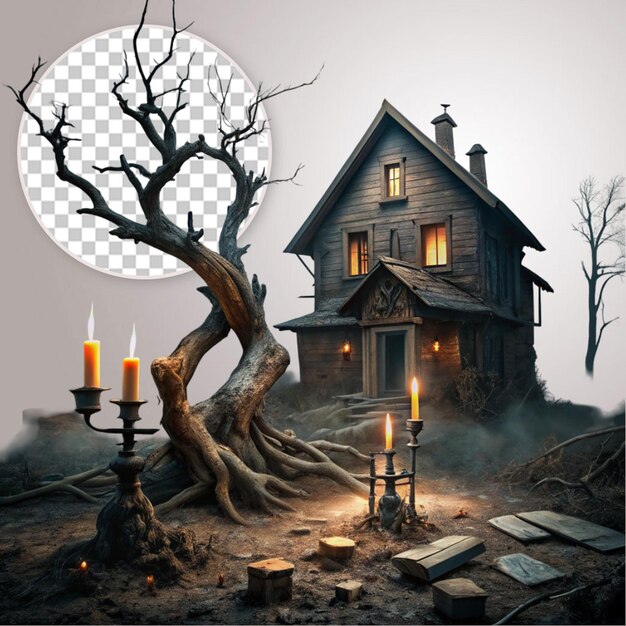 Halloween Horror Wooden House on Tree on Transparent Background