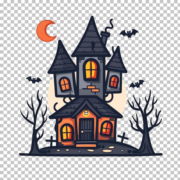 a halloween illustration of a house with a moon on the top