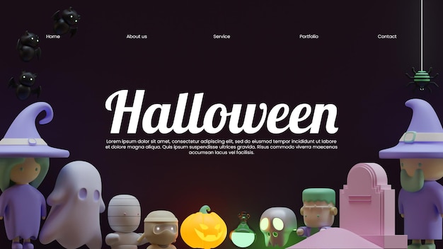 Halloween landing page template with 3d rendering illustration frame