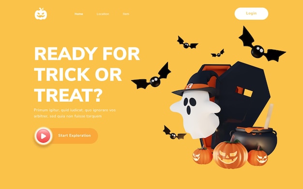 Halloween landing page with 3d render illustration